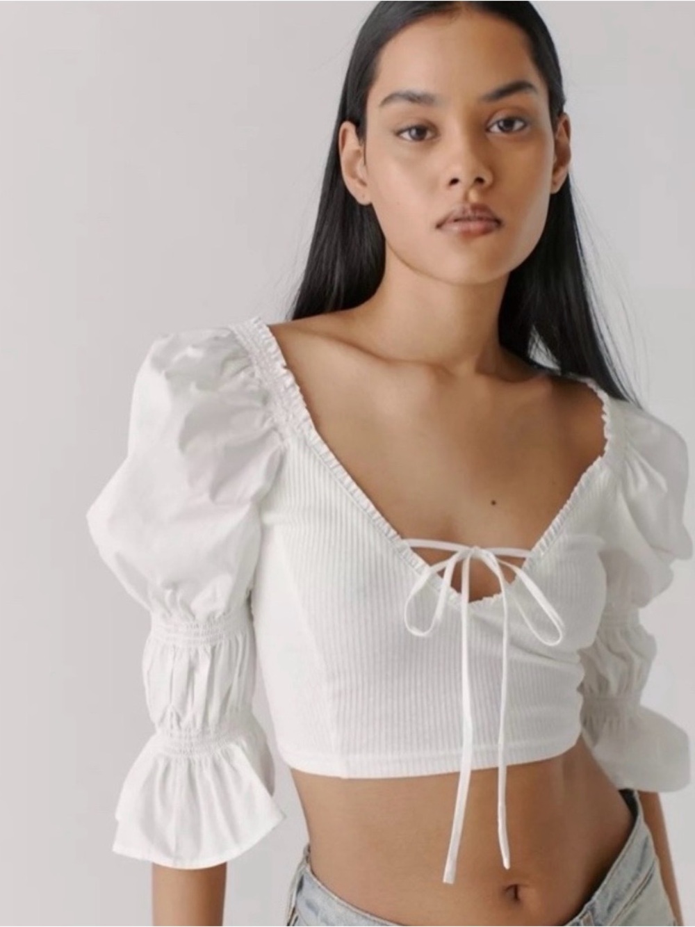 NWT Urban Outfitters Rozi Tie-Front Puff Sleeve Cropped Blouse, White, Size S